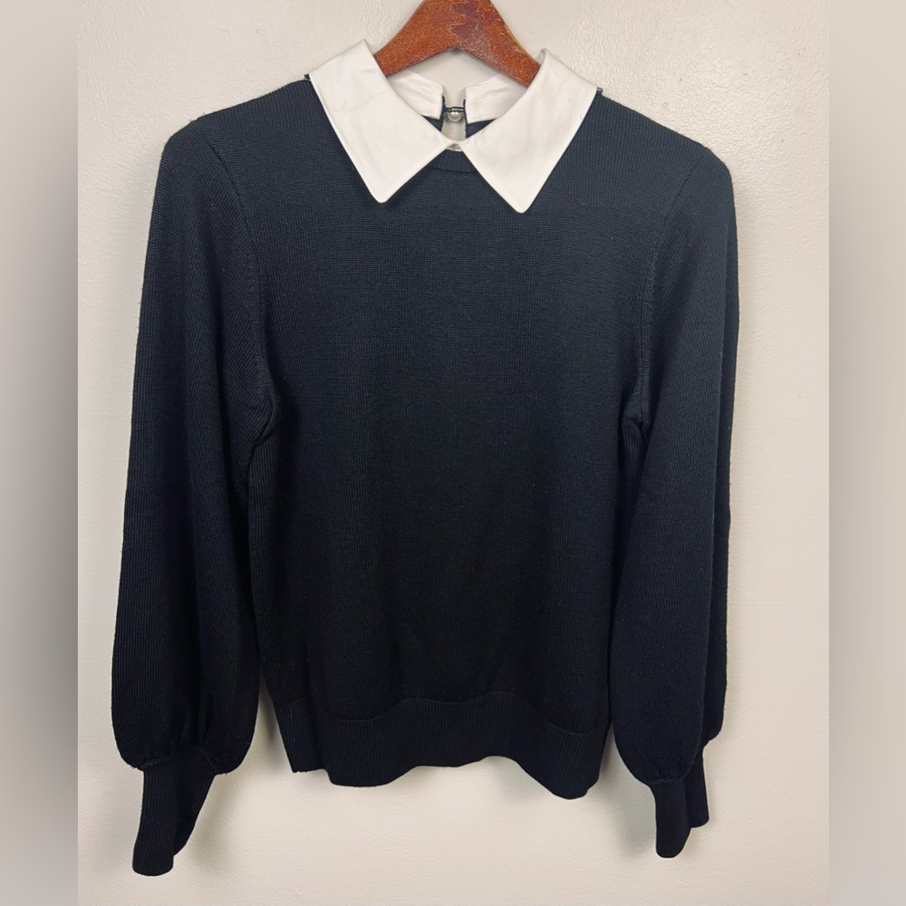 Kate Spade Black Wool Knit Top – White Mock Collar Preppy Sweater – Classic - M - Picture 2 of 10